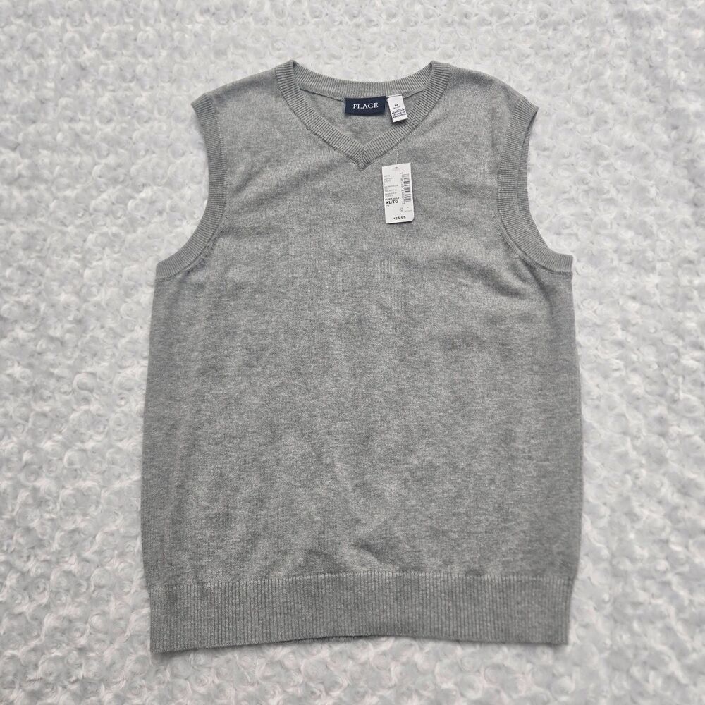 Place Knit Sweater Vest Kids Size 14 Gray V-Neck Sleeveless NWT Ribbed armholes